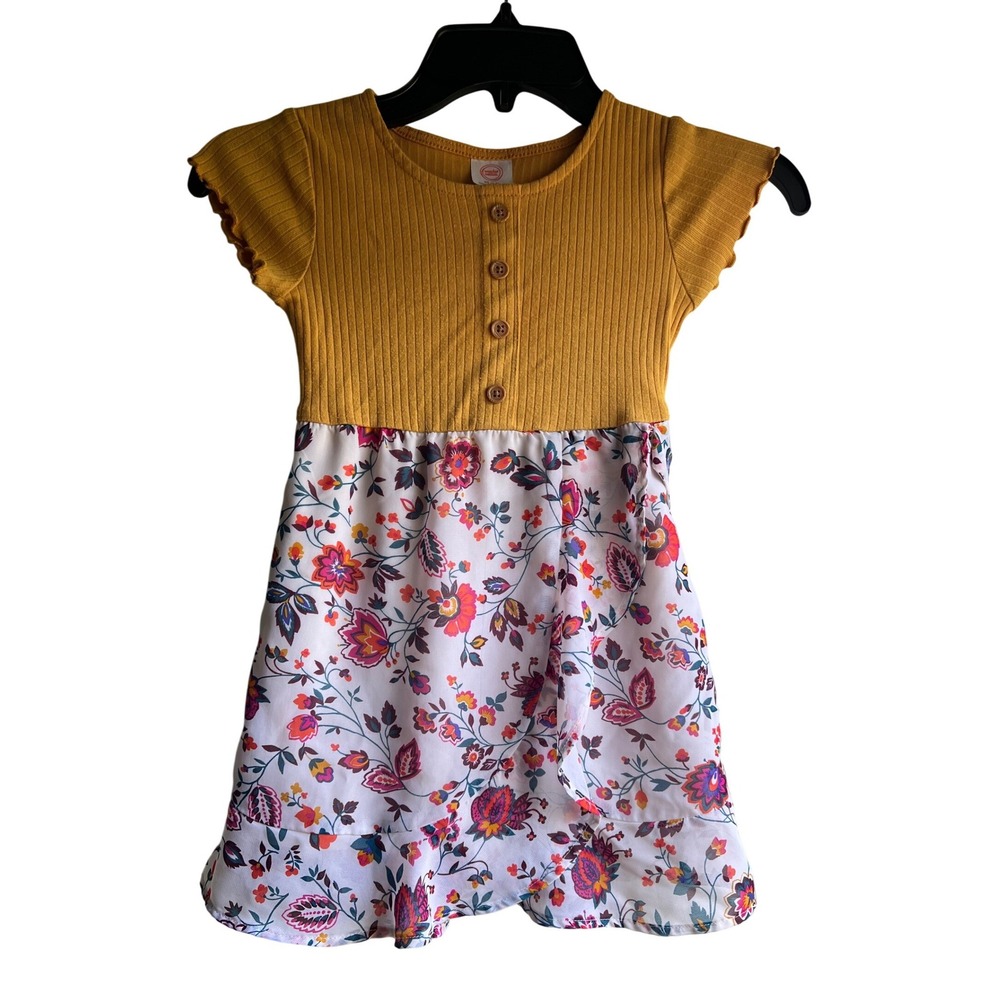 Wonder Nation Girls Mustard Yellow Floral  Dress XS 4-5 Flutter Sleeve